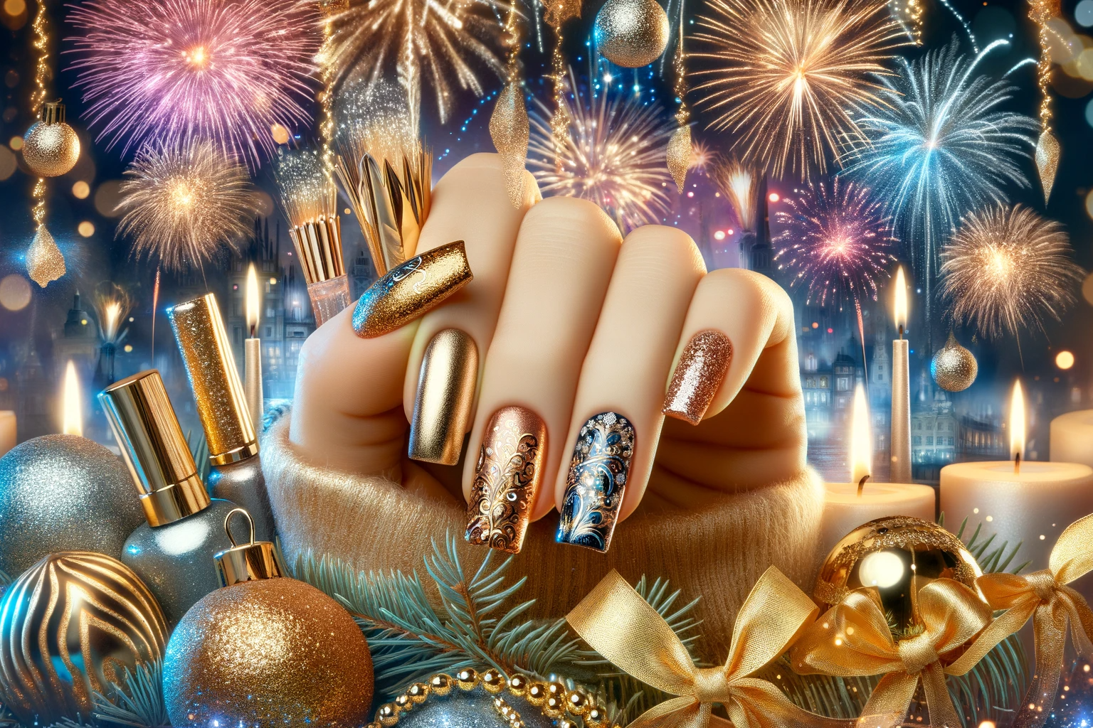 Zaczarowane stylizacje paznokci na Sylwestra w złotym brokacie, na tle bajkowej sceny noworocznej z żywymi fajerwerkami i glamour atmosferą, idealne dla artykułu o stylizacjach na Nowy Rok
