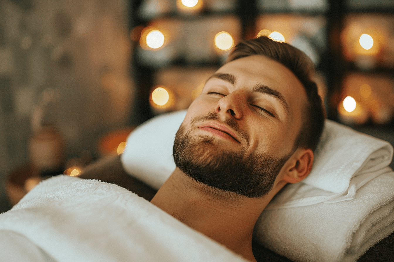 zadowolony mężczyzna w salonie spa