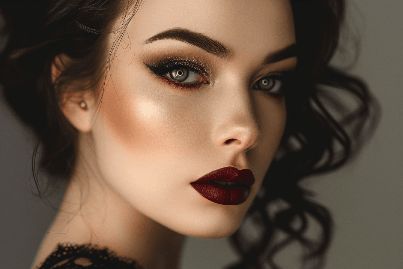 Młoda kobieta z makijażem Classic Glam. Styl makijażu jest elegancki, z naciskiem na glamour idealny na Sylwestra