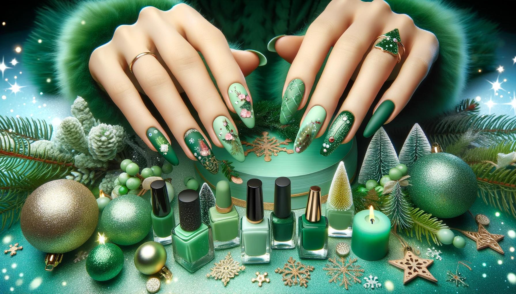 Magiczne i bajkowe świąteczne stylizacje paznokci w odcieniach zieleni, prezentujące wyjątkowe i urzekające wzory na tle barwnego i onirycznego bożonarodzeniowego krajobrazu