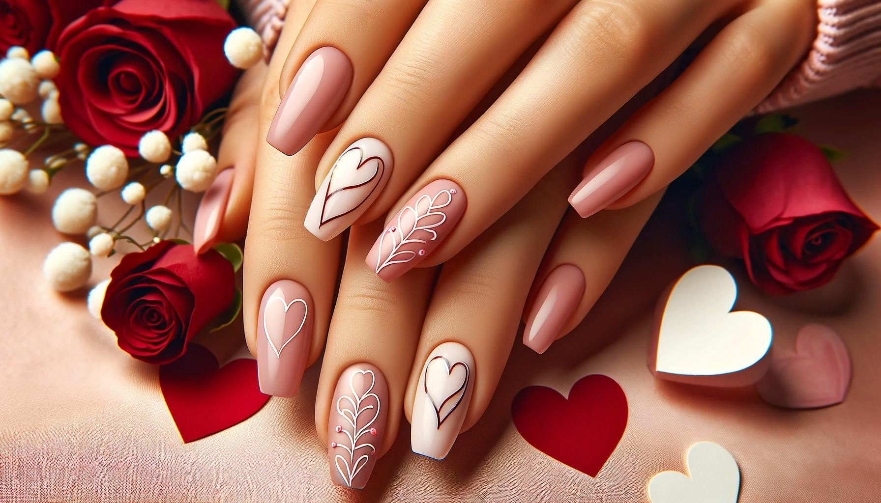 Walentynkowy manicure z minimalistycznymi sercami na pastelowych paznokciach, akcentujacy delikatność i milosc
