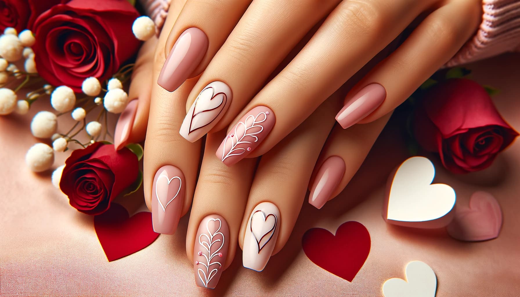 Walentynkowy manicure z minimalistycznymi sercami na pastelowych paznokciach, akcentujacy delikatność i milosc