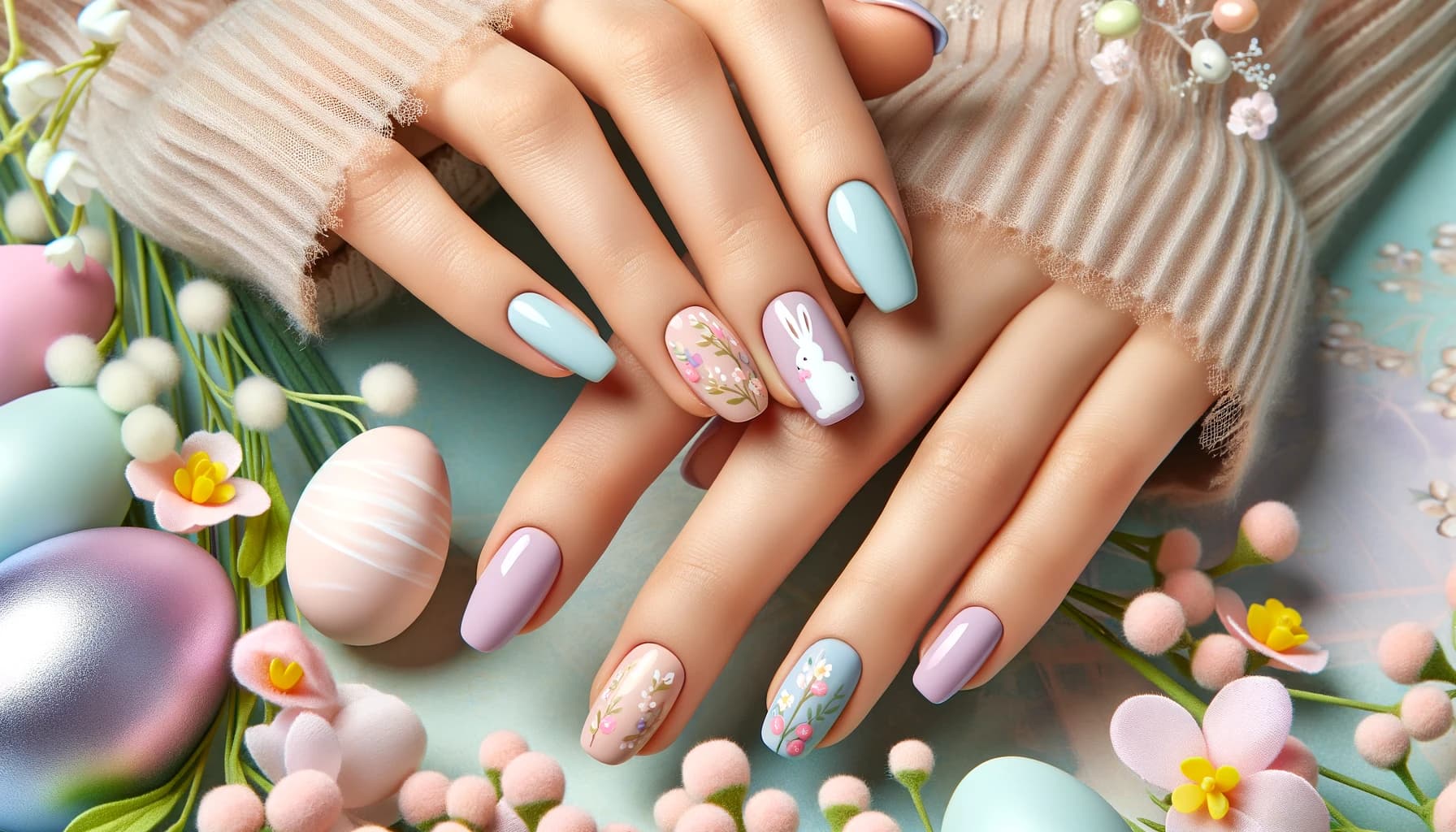 Paznokcie w pastelowych kolorach na święta wielkanocne 2024 z subtelnie wplecionymi motywami wiosennymi, na tle kwitnących kwiatów i pastelowych barw, idealne dla świątecznej i wiosennej atmosfery