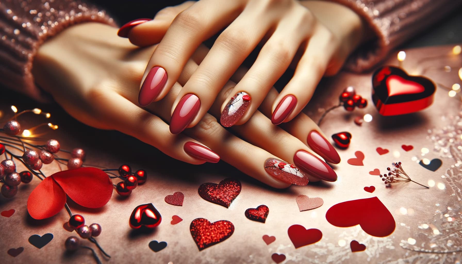 Eleganckie czerwone paznokcie walentynkowe na rok 2024 z artystycznym zdobieniem, idealne na elegancka walentynkowa randke