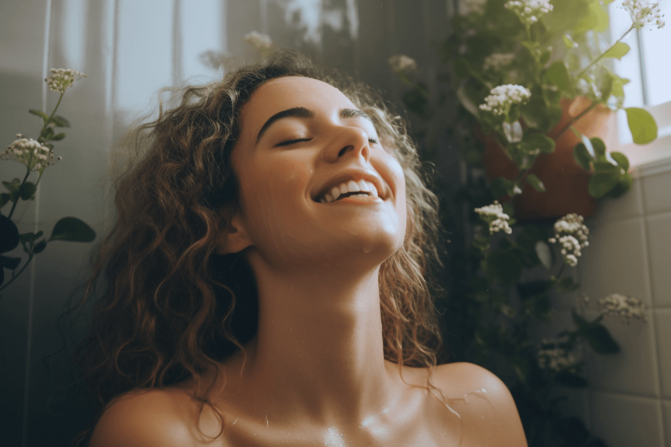 kobieta zadowolona po oczyszczaniu twarzy wśród zieleni w domowym zaciszu