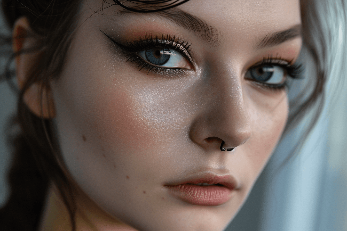 Młoda kobieta prezentuje styl makijażu grunge, inspirowany modą Chanel, z mocnymi oczami i matową cerą