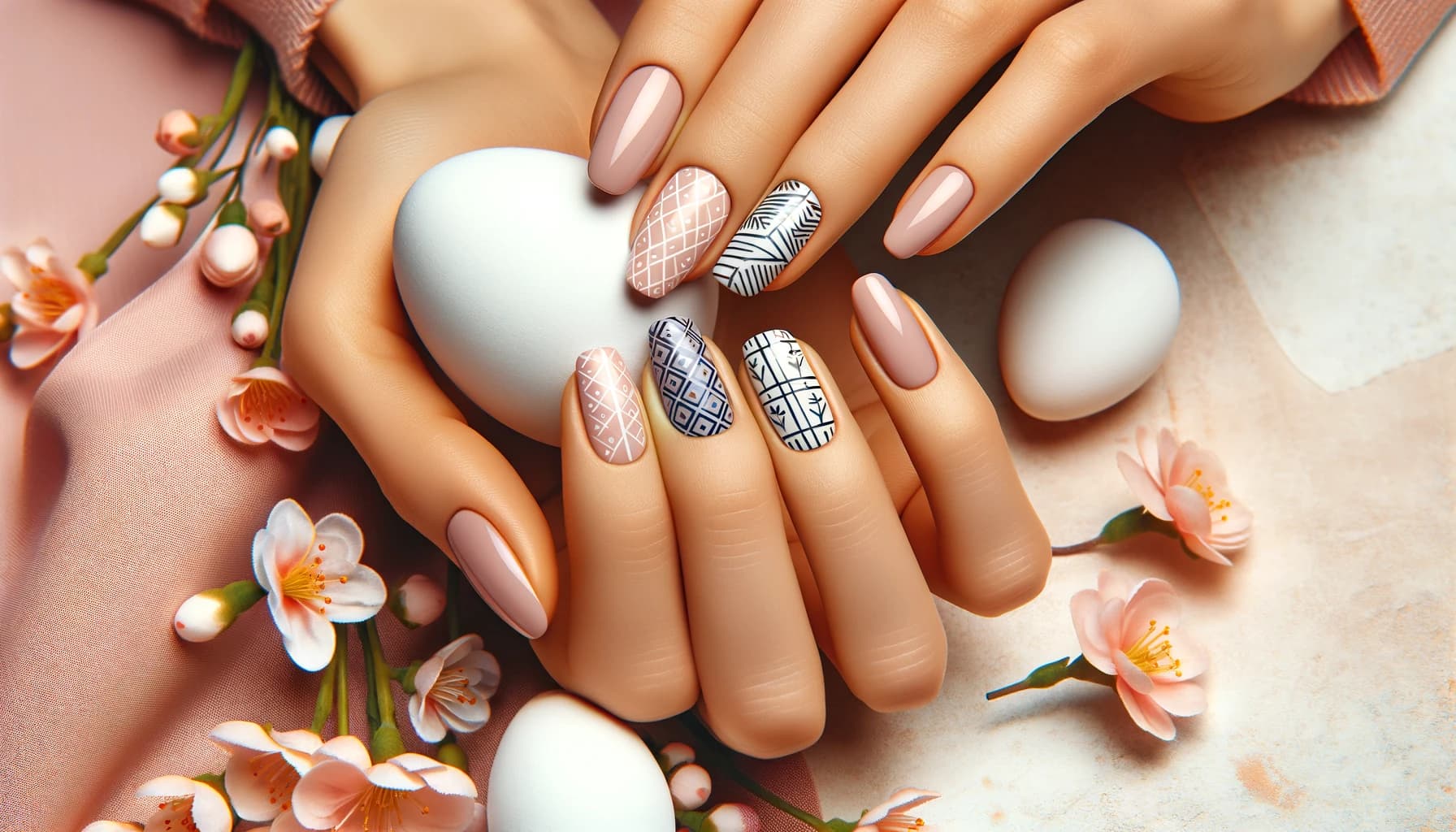 Paznokcie na święta wielkanocne z prostymi wzorami geometrycznymi, prezentujące stylowe podejście do świątecznych dekoracji, na tle wiosennej sceny z kwitnącymi kwiatami i pastelowymi barwami
