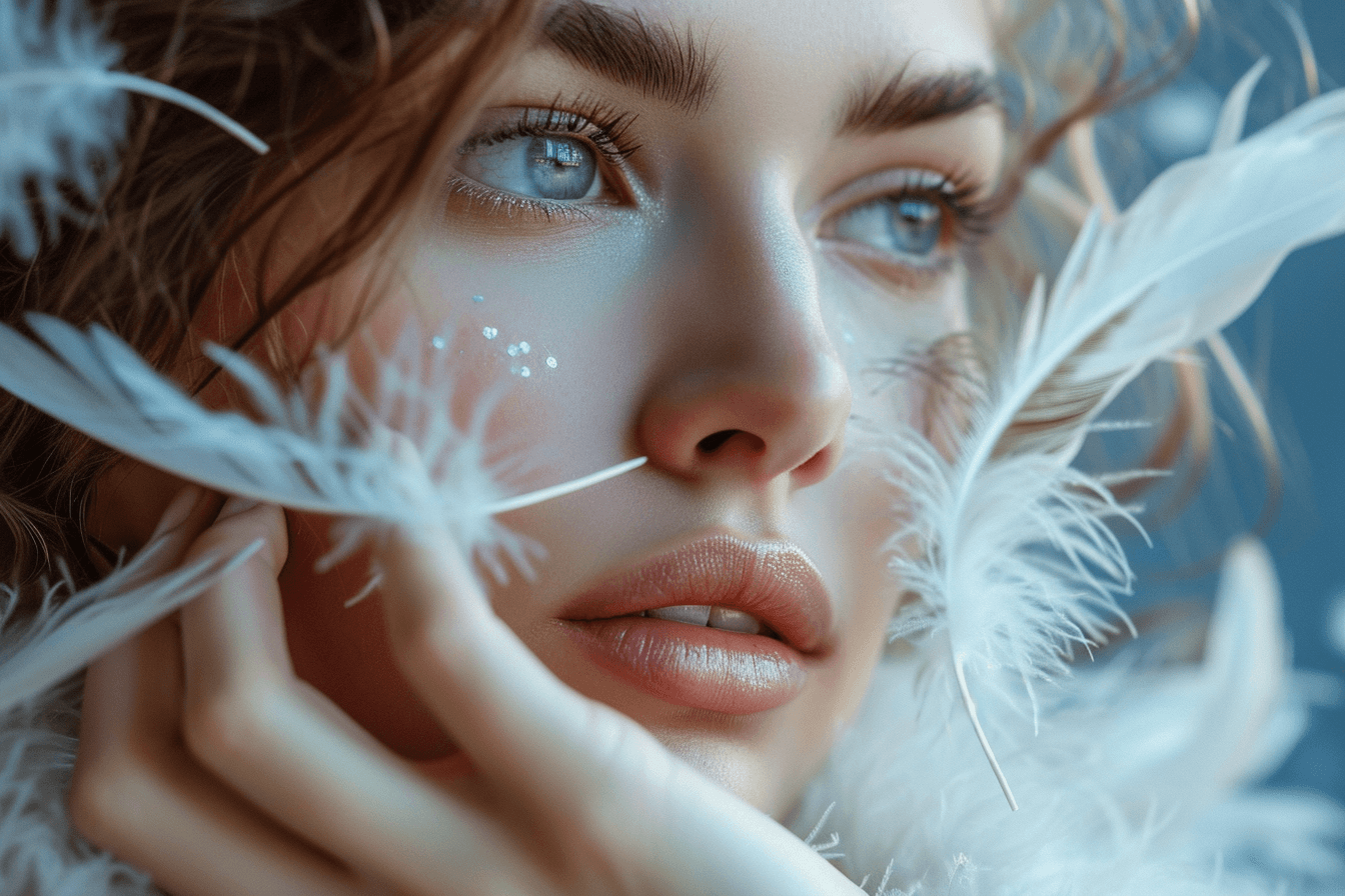 Portret kobiety z delikatnymi białymi piórami przesuwającymi się po jej twarzy, podkreślającymi nieskazitelnie czystą, promienną skórę i głębokie, błękitne oczy, wyrażające spokój i delikatność