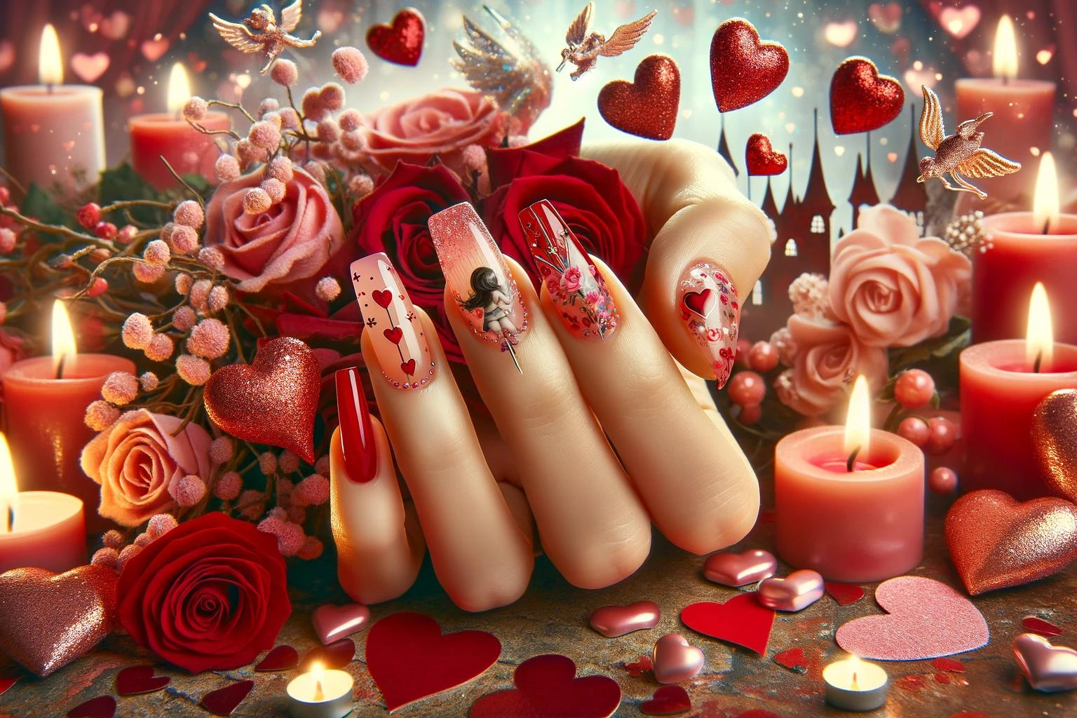 walentynkowe paznokcie 2024 w klasycznych odcieniach czerwieni z romantycznymi dekoracjami jak serca, strzały Kupidyna, i róże, na tle magicznej walentynkowej sceny z elementami bajkowymi