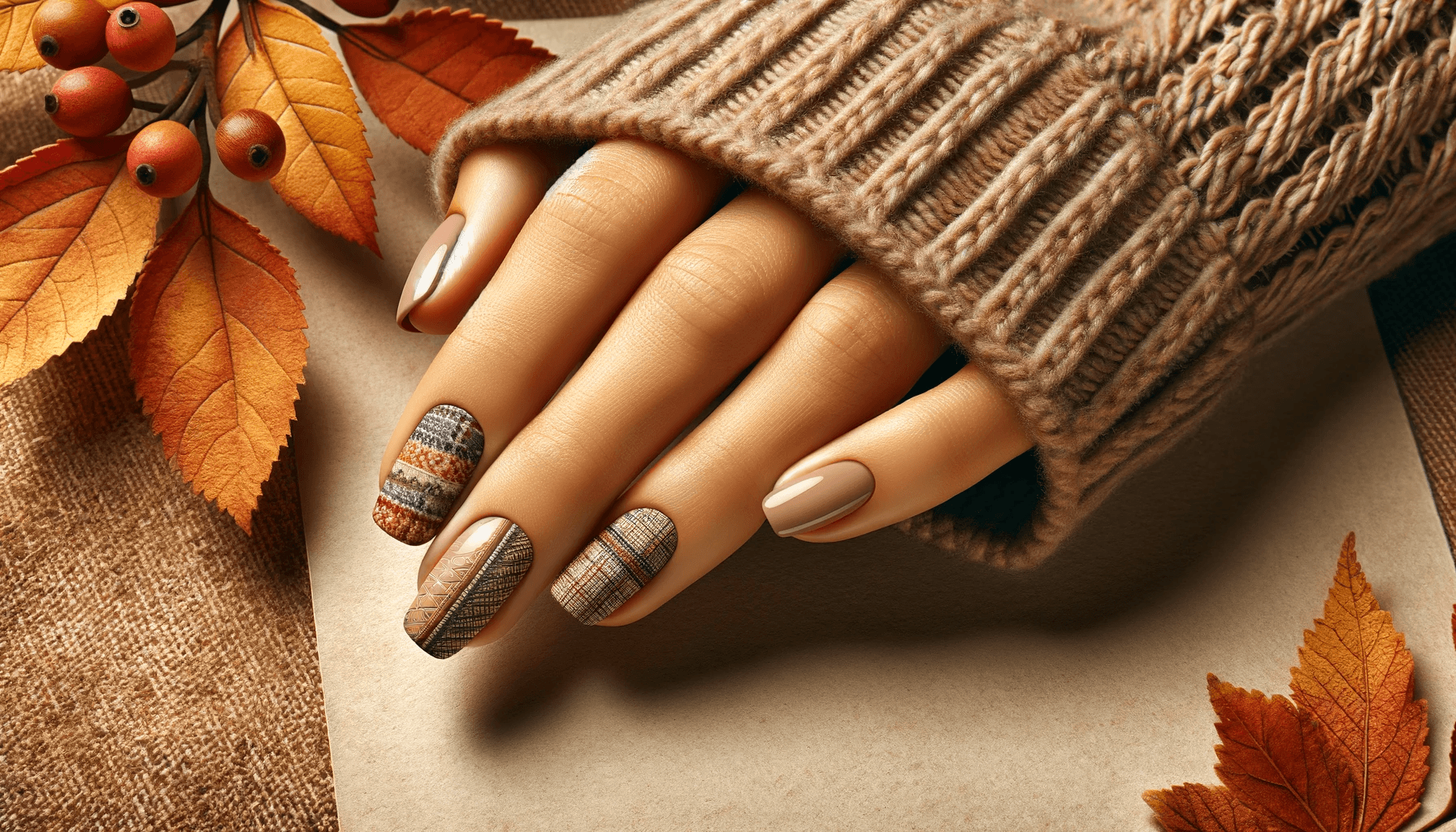 paznokcie jesienne imitacja tkaniny