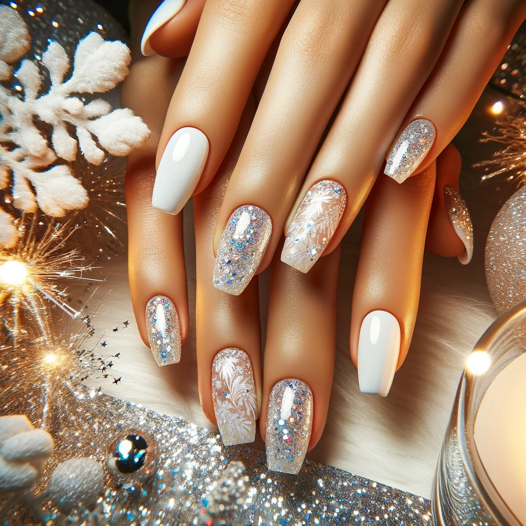 Białe brokatowe paznokcie na Sylwestra, prezentujące czysty i promienny blask, na tle noworocznej atmosfery z fajerwerkami i imprezowym oświetleniem, idealne dla eleganckiej i świątecznej stylizacji