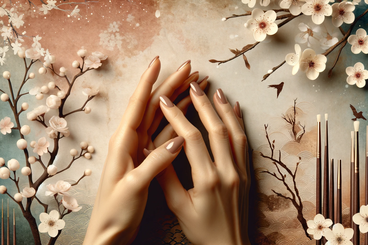 Zdjęcie ukazujące esencję manicure japońskiego, eleganckie wypielęgnowane dłonie i tradycyjne elementy w luksusowej atmosferze salonu