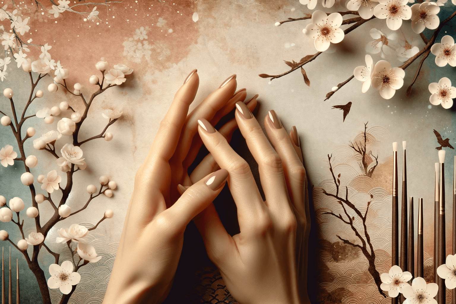 Zdjęcie ukazujące esencję manicure japońskiego, eleganckie wypielęgnowane dłonie i tradycyjne elementy w luksusowej atmosferze salonu