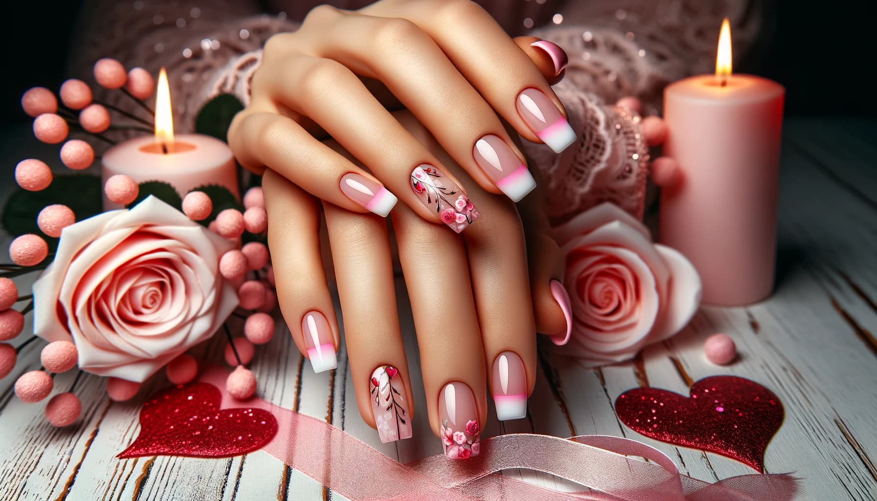 rozowe paznokcie french na walentynki