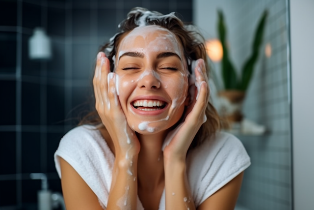 zadowolona kobieta wykonuje pielęgnację i oczyszczanie twarzy w domu