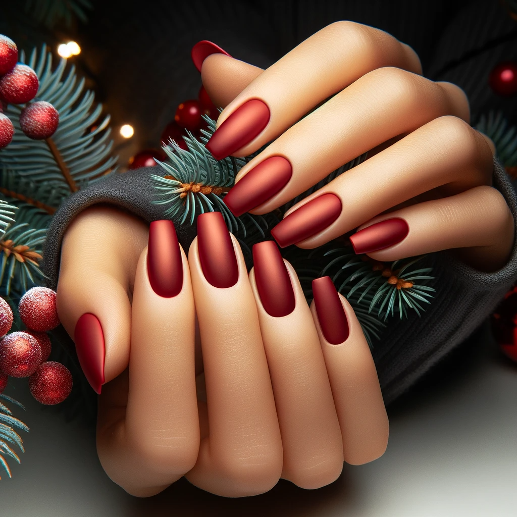 Eleganckie świąteczne paznokcie w czerwonym kolorze z matowym wykończeniem, prezentujące nowoczesny i stylowy wygląd na tle realistycznej świątecznej sceny, idealne dla świątecznej elegancji