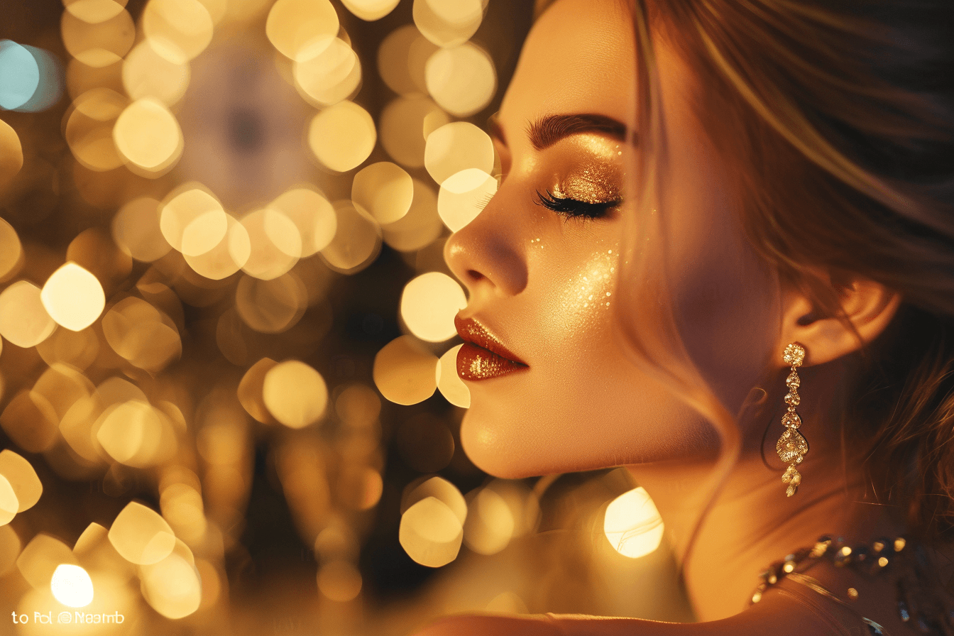 Młoda kobieta z iskrzącym makijażem sylwestrowym z brokatem na powiekach i policzkach, podkreślającym radosny nastrój świętowania Nowego Roku 2024