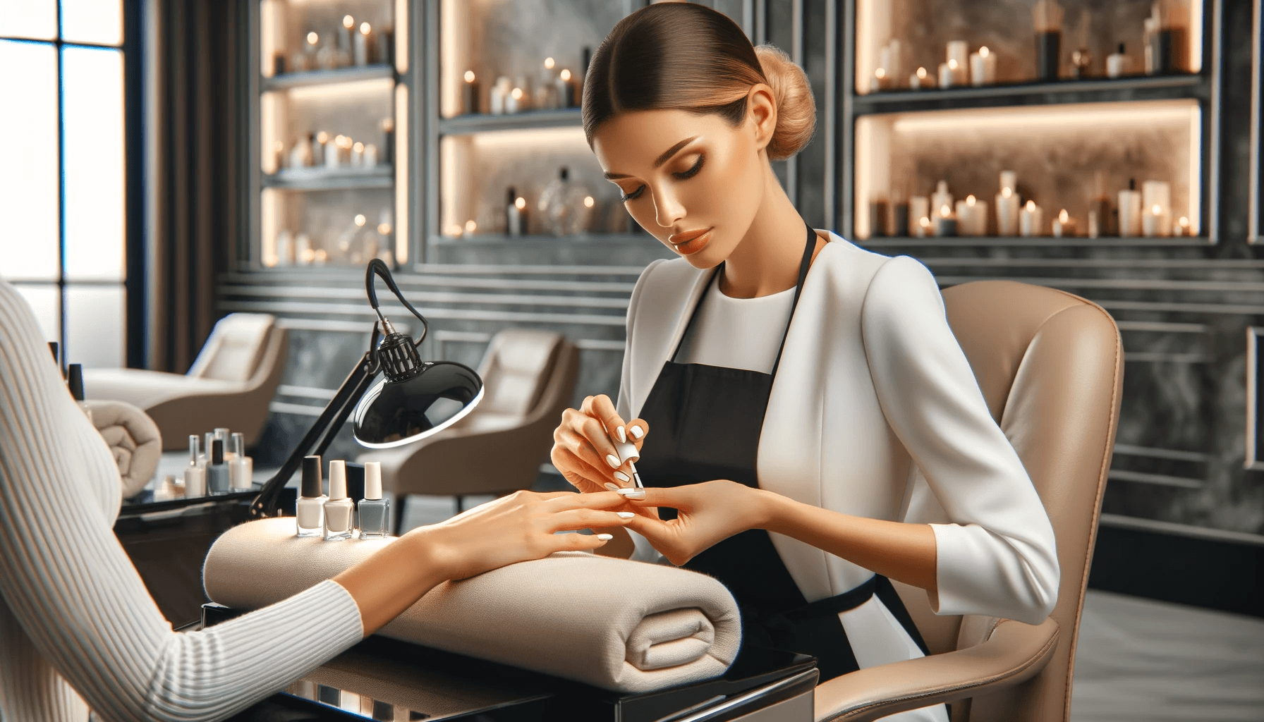 Profesjonalna kosmetyczka wykonująca manicure japoński w luksusowym salonie, z nowoczesnym wyposażeniem i eleganckim wystrojem, klientka relaksująca się na fotelu