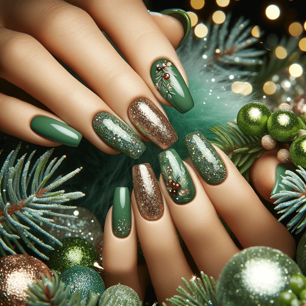 Świąteczne paznokcie w zielonym kolorze ze stylizacją Brokatową i Pyłkami