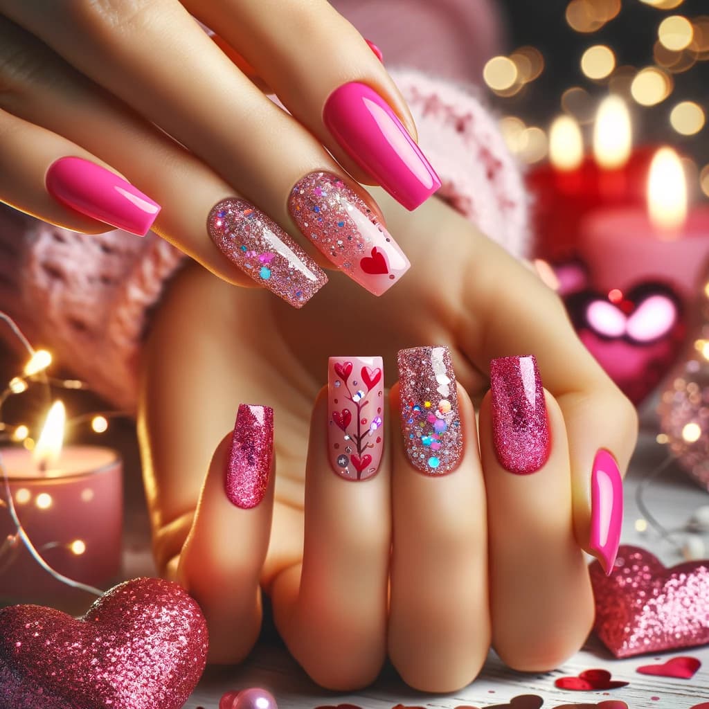 Różowe paznokcie z walentynkowymi serduszkami i brokatowym akcentem, idealne na romantyczne świętowanie miłości