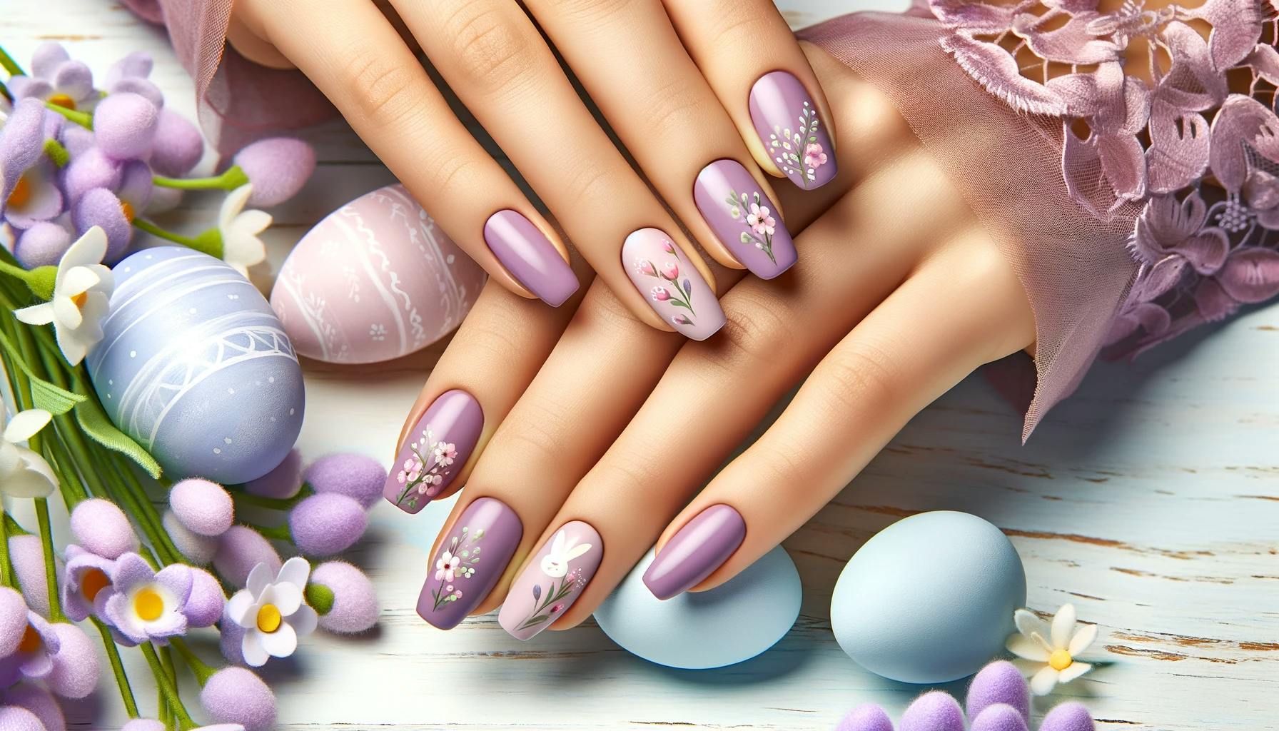 Delikatne fioletowe paznokcie na święta wielkanocne z subtelnie wplecionymi motywami wiosennymi, takimi jak male kwiaty i pastelowe jajka, na tle kwitnących kwiatów i pastelowych barw, idealne dla świątecznego i wiosennego nastroju