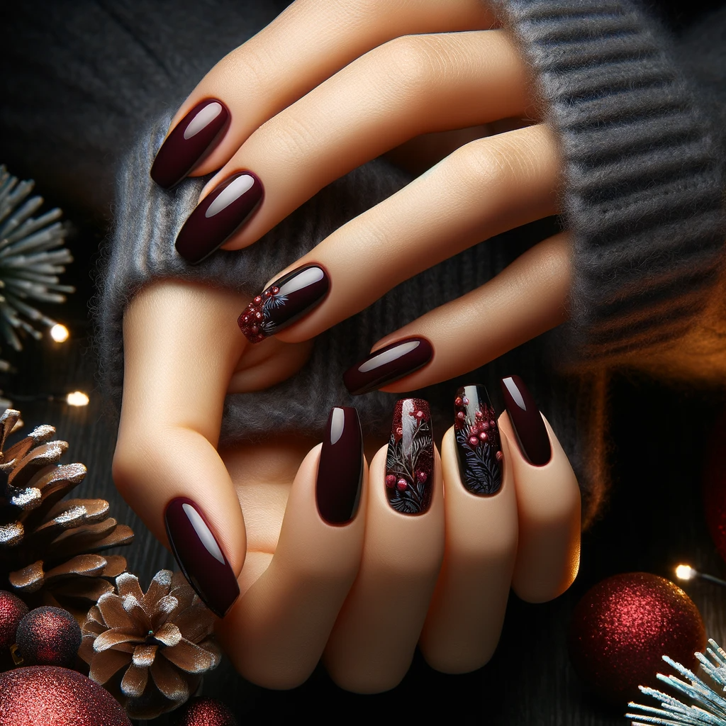 Eleganckie świąteczne stylizacje paznokci w odcieniach burgundu i bordo, idealne na Boże Narodzenie 2023, z luksusowym tłem świątecznym