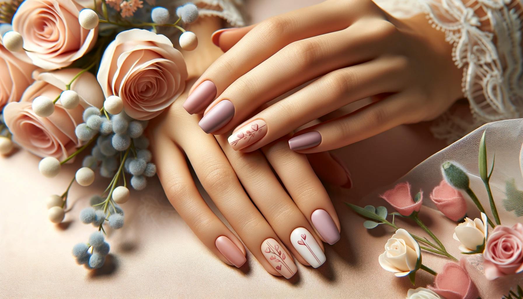 Eleganckie walentynkowe paznokcie z delikatnym różowym lakierem, zdobione subtelnym wzorem róż i serc, idealne dla romantycznego wieczoru