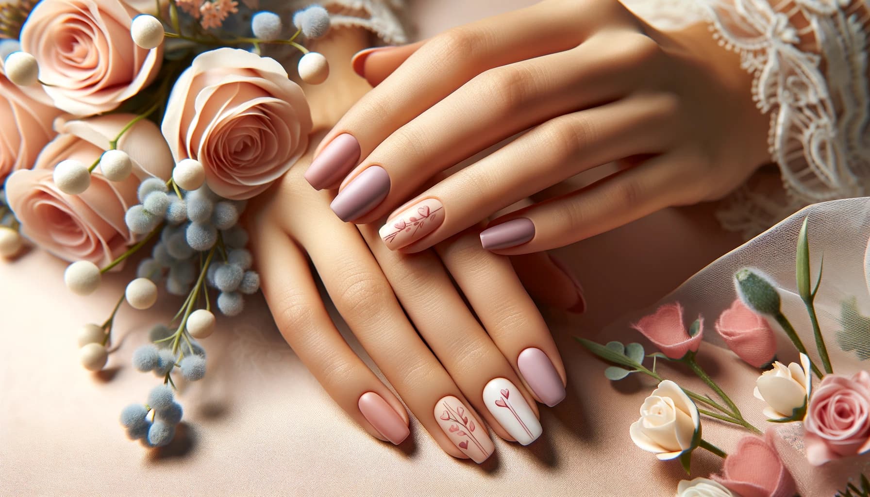 Eleganckie walentynkowe paznokcie z delikatnym różowym lakierem, zdobione subtelnym wzorem róż i serc, idealne dla romantycznego wieczoru