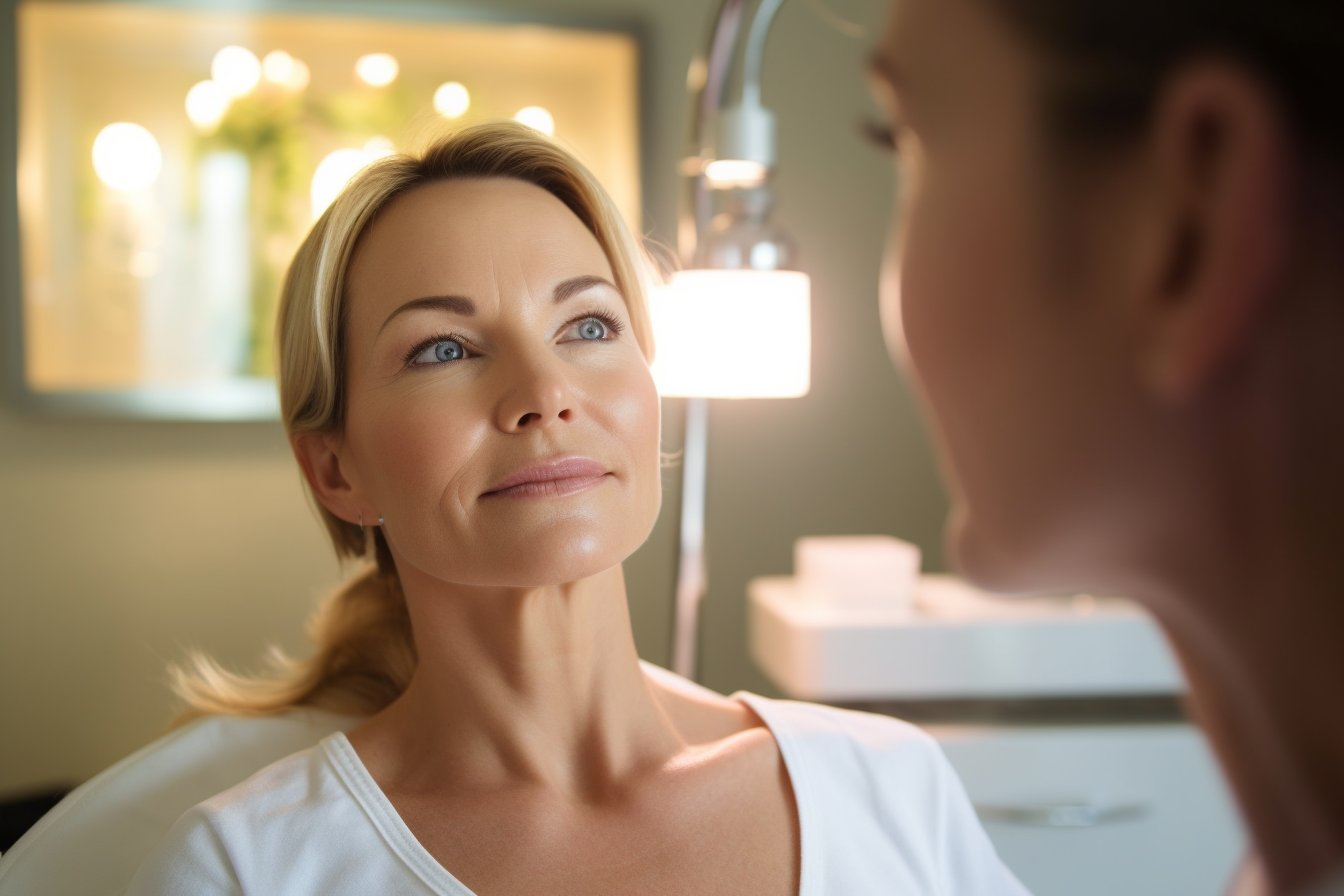 kobieta po 40 w trakcie konsultacji zabiegów na twarz z kosmetologiem