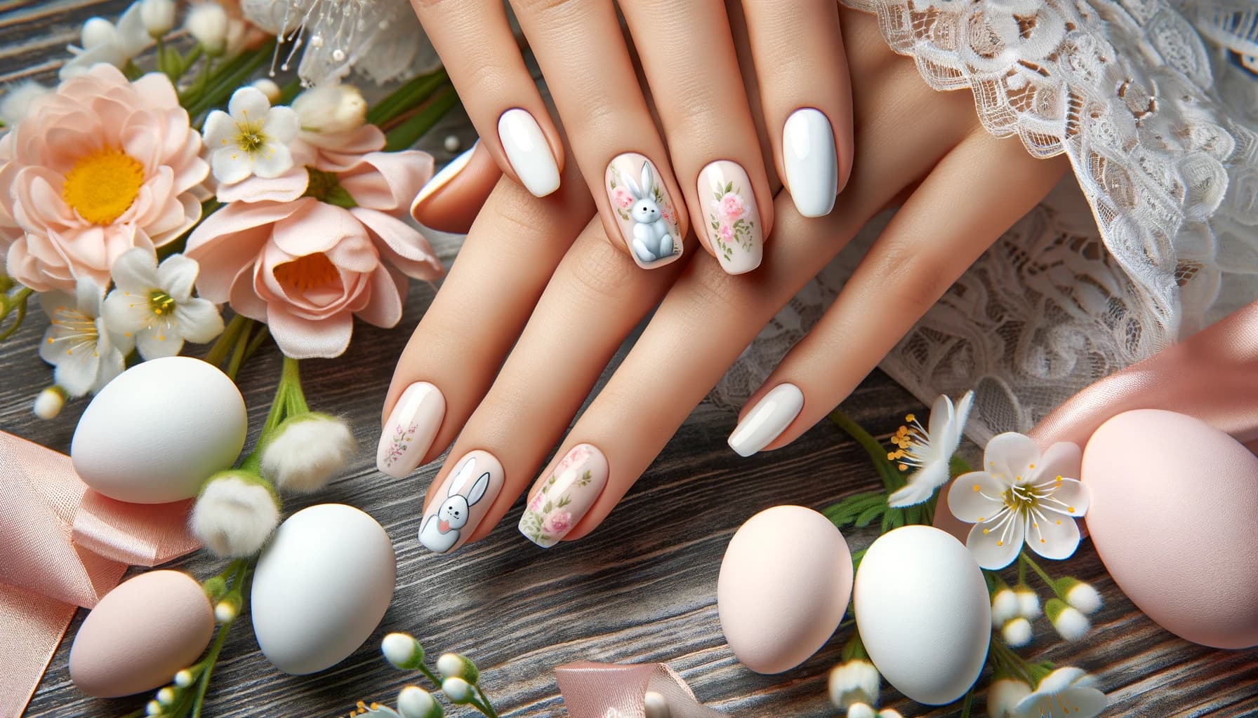 Białe paznokcie na święta wielkanocne z delikatnymi motywami wiosennymi, odzwierciedlające czystość i świątecznego ducha, na tle kwitnących kwiatów i pastelowych barw, idealne do celebracji odrodzenia i radości wiosennej