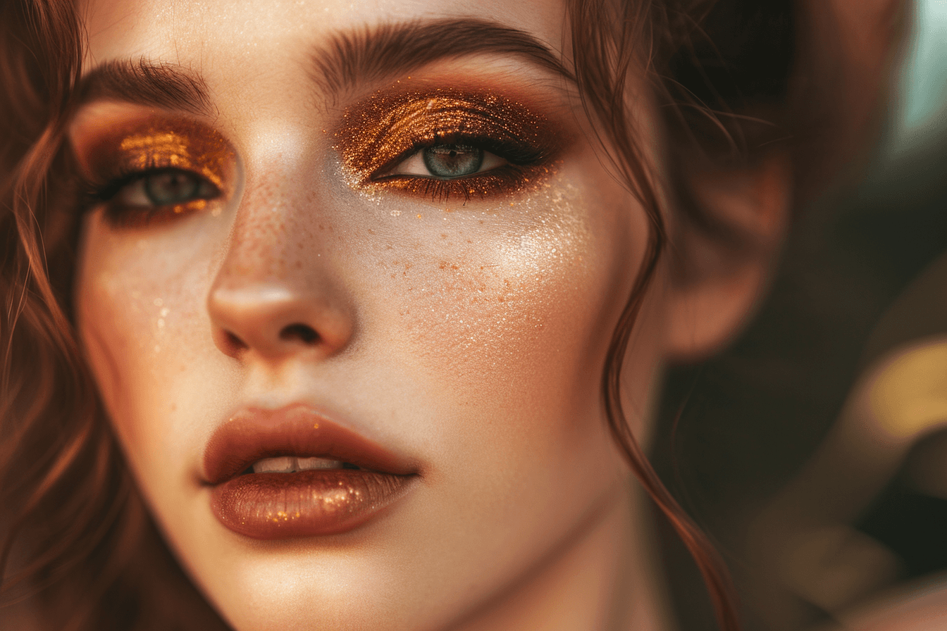 Młoda kobieta prezentująca styl makijażu -Złoto i Blask- na Sylwestra z lśniącymi złotymi cieniami do powiek i promienną skórą