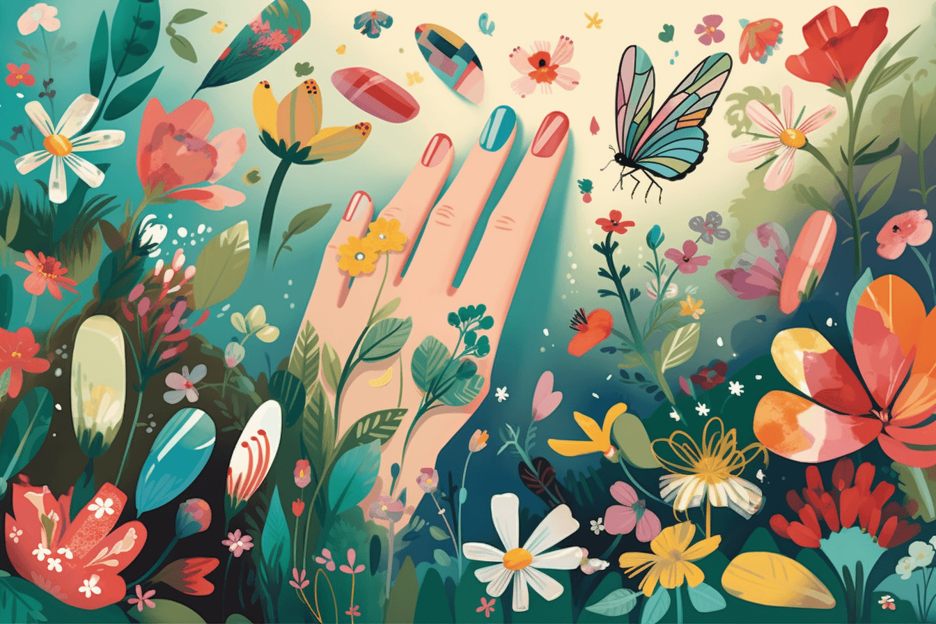 kreskówka przedstawiająca wiosenne kolory manicure