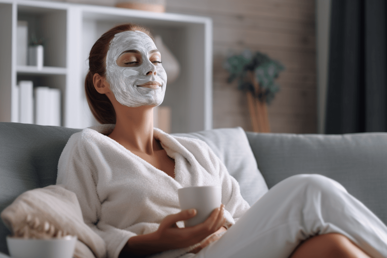 kobieta w trakcie zabiegu pielęgnacyjnego twarzy nosi maseczkę kosmetyczną w domu