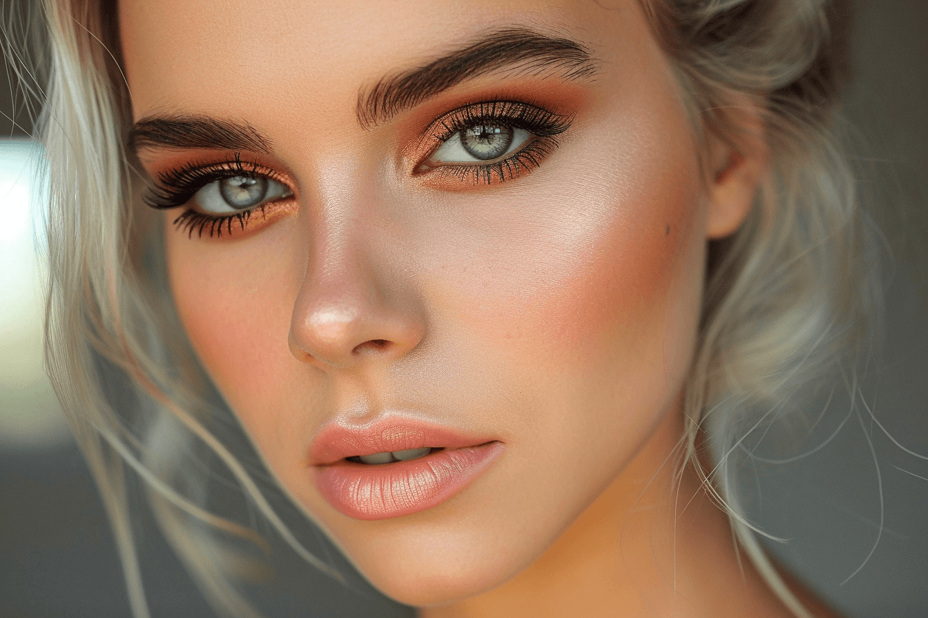 Styl makijażu komplementujący blond włosy z ciepłymi tonami cieni i delikatnym różem
