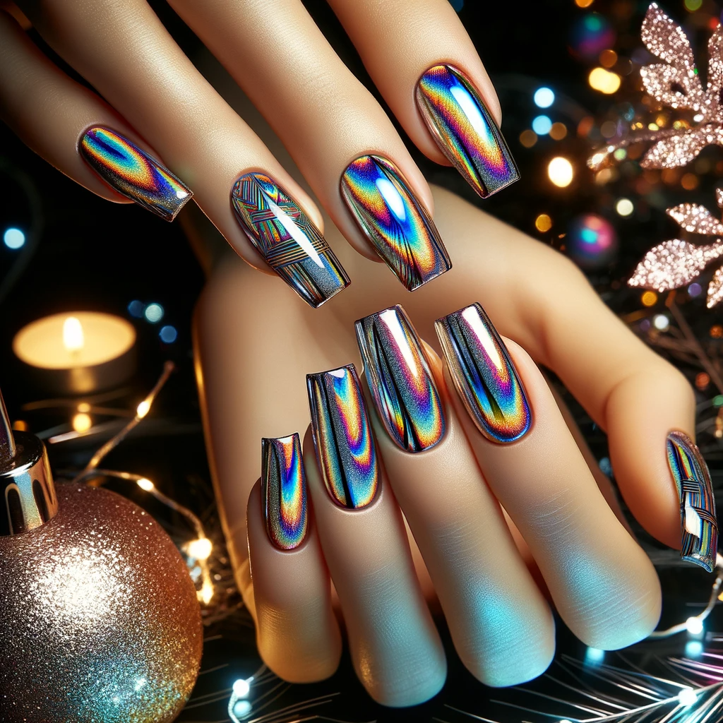 Noworoczne paznokcie z holograficznym efektem, prezentujące hipnotyzujący tęczowy blask, idealne dla tych, którzy szukają unikalnego manicure na Sylwestra, na tle noworocznej zabawy z błyszczącymi światłami