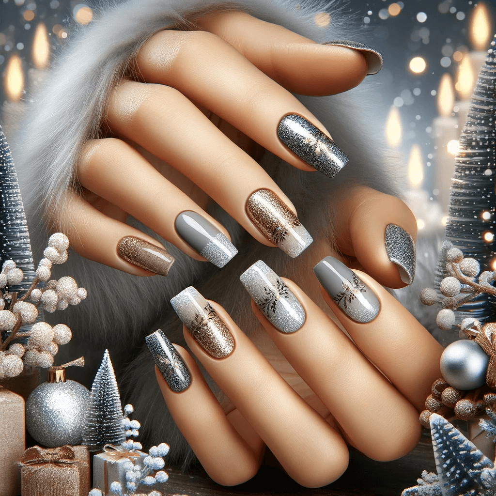 paznokcie w kolorach srebrnych i szarych na święta