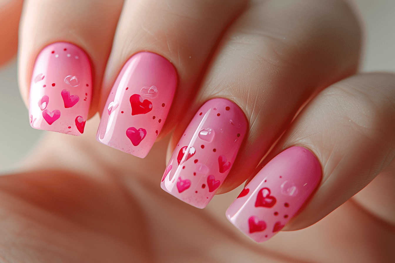 różowe paznokcie z serduszkami na walentynki 2024