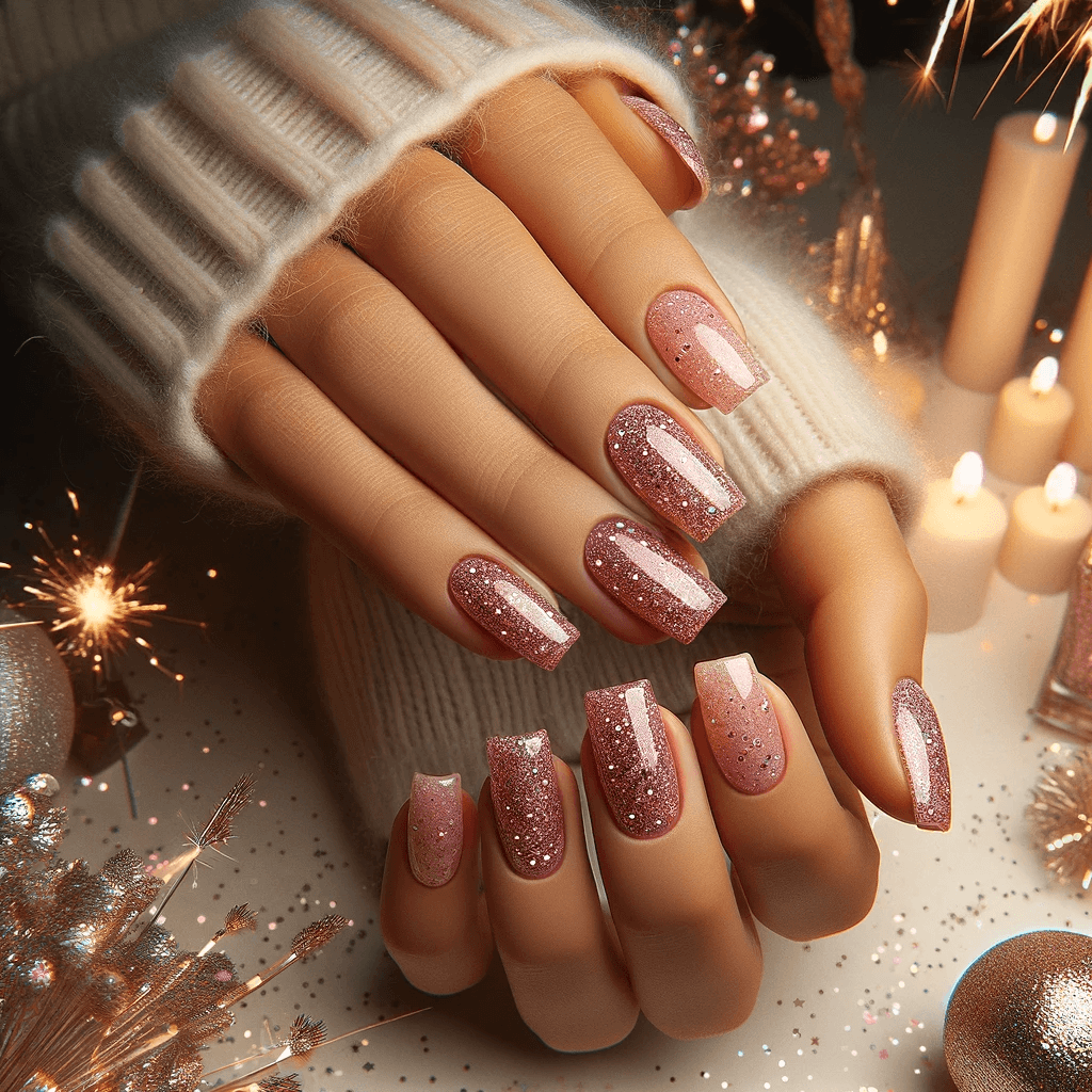 Różowe brokatowe paznokcie na Sylwestra, prezentujące delikatny i kobiecy akcent, na tle noworocznej zabawy z iskrzącymi światłami i radosną atmosferą