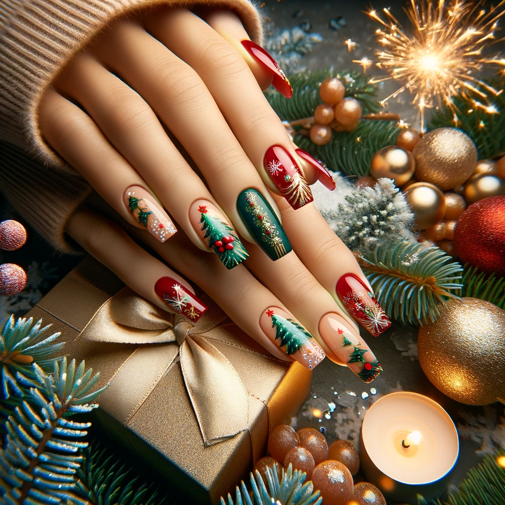 Paznokcie w stylu świątecznym z akcentami noworocznymi, łączące klasyczne kolory i wzory Bożego Narodzenia z błyszczącym tłem Sylwestra, tworzące unikalną kompozycję na tle uroczystości noworocznych