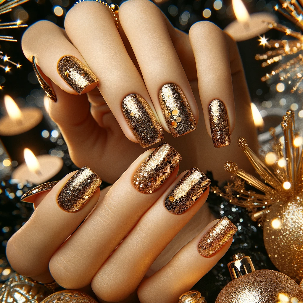 Złote brokatowe paznokcie na Sylwestra, emanujące luksusowym blaskiem i elegancją, idealne dla olśniewającego wyglądu na noworoczne świętowanie, na tle efektownych fajerwerków i oświetlenia miasta.