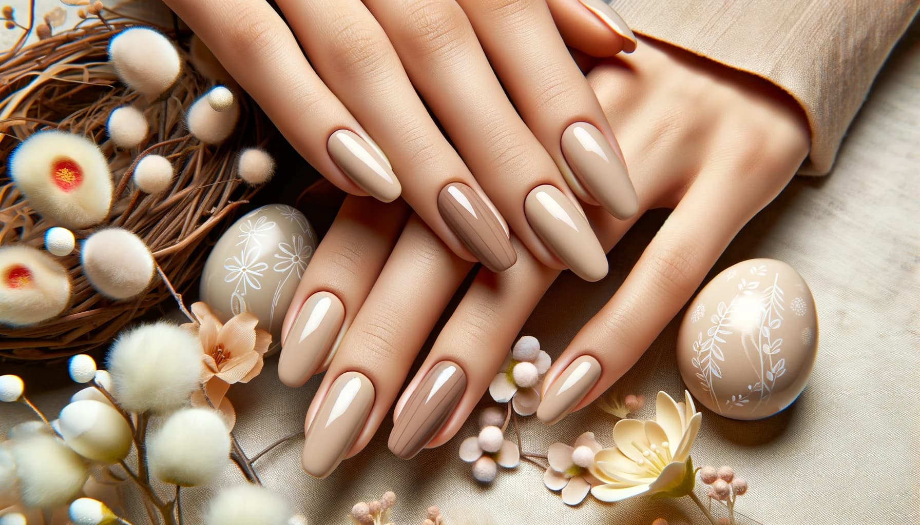 Neutralne beżowe paznokcie na święta wielkanocne, podkreślające prostotę i elegancje wiosny, na tle wiosennej sceny z kwitnącymi kwiatami i pastelowymi barwami, idealne dla spokojnej i stylowej Wielkanocy
