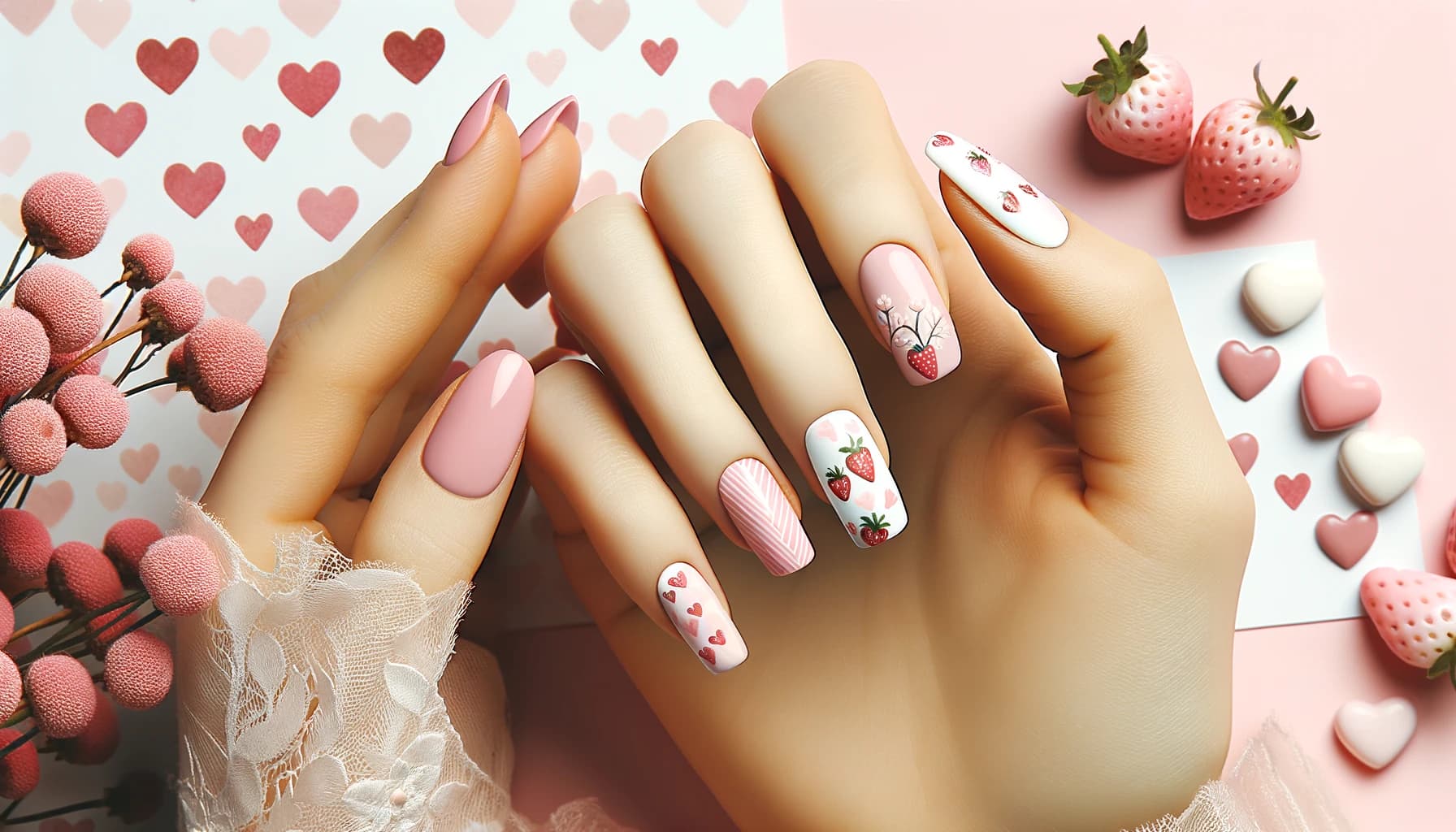 Paznokcie w stylu -mleka truskawkowego- z walentynkowymi wzorami, polaczenie slodkości i uroku na swieto zakochanych