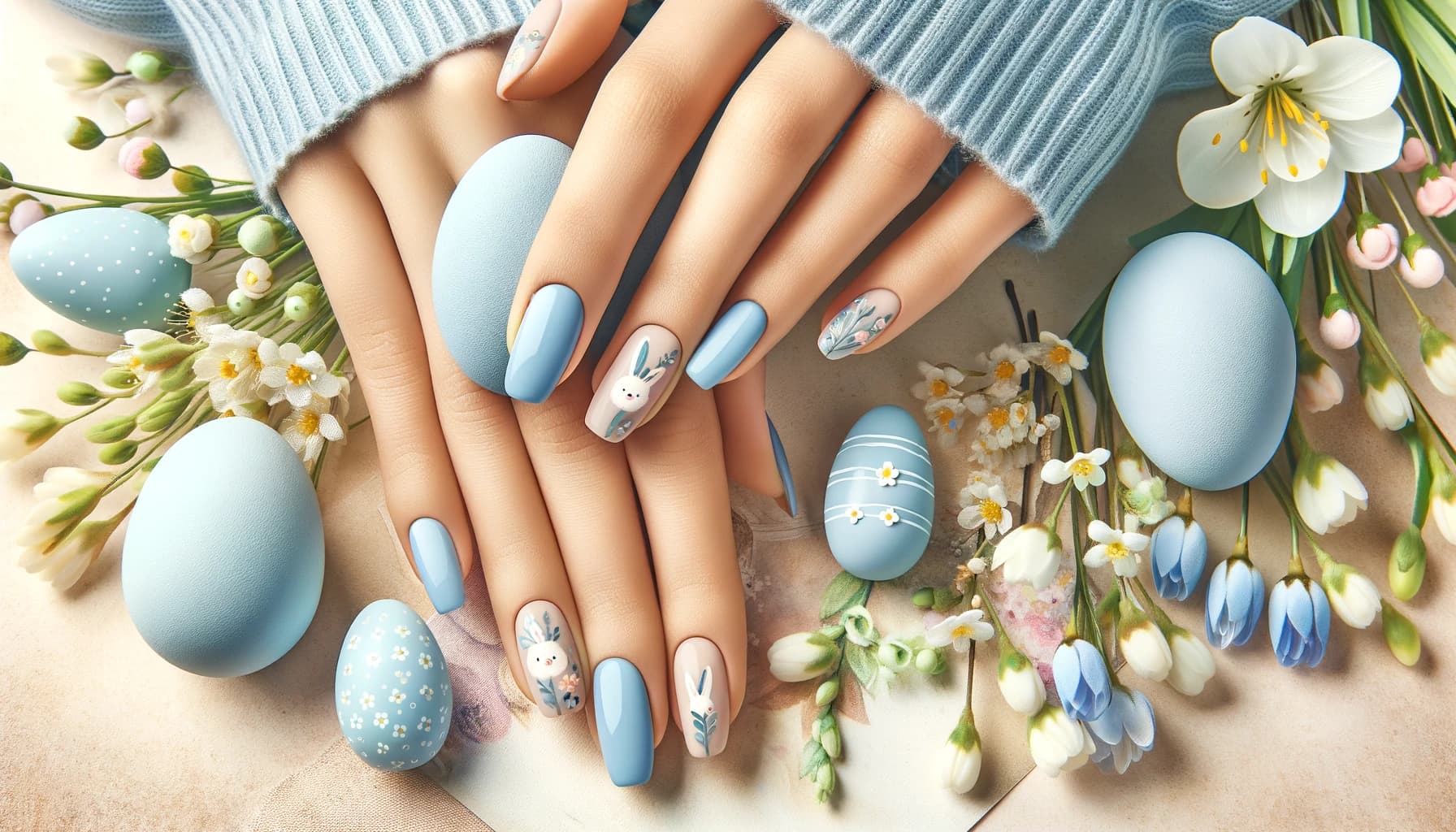Błękitne paznokcie na święta wielkanocne z delikatnymi motywami wiosennymi, idealne do celebracji wiosennego ducha i radości, na tle kwitnących kwiatów i pastelowych barw światecznych