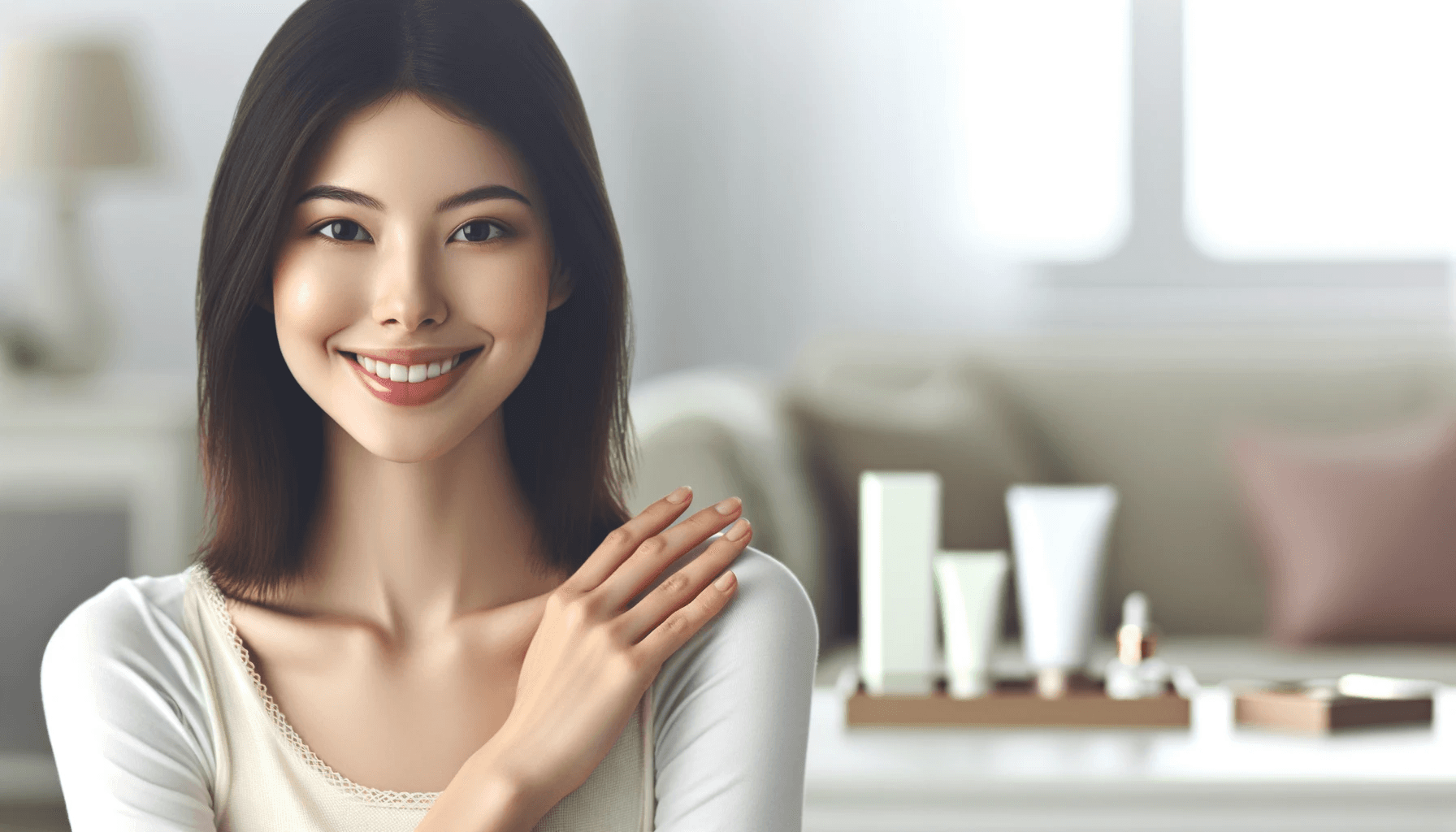 kobieta i jej kosmetyki ukazujące codzienna pielęgnacja skóry wrażliwej