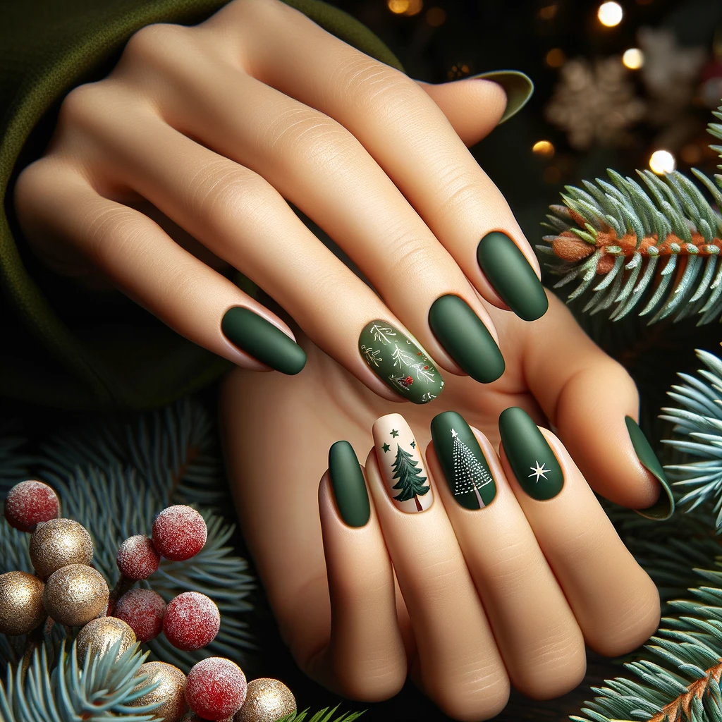 Proste i eleganckie świąteczne paznokcie w zielonym kolorze z motywami choinek i gwiazd, prezentujące subtelny urok Bożego Narodzenia na tle realistycznej świątecznej sceny