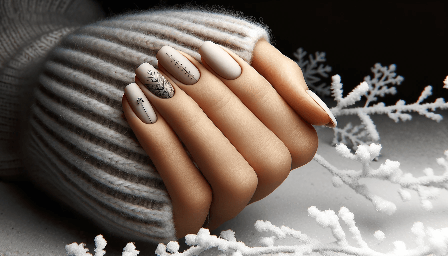 manicure zimowy z minimalistycznymi geometrycznymi zdobieniami