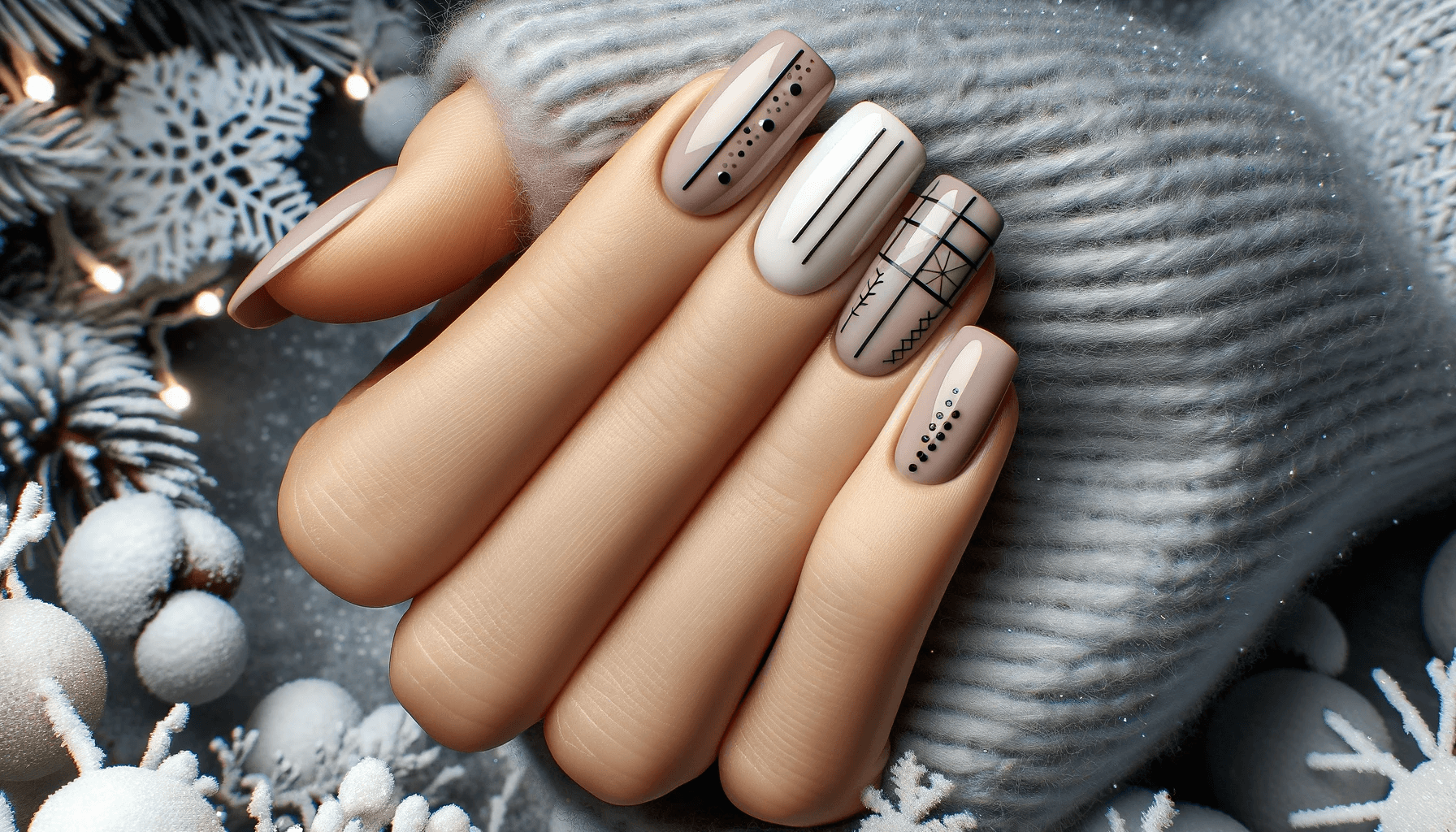 paznokcie zimowe z minimalistycznymi geometrycznymi wzorami