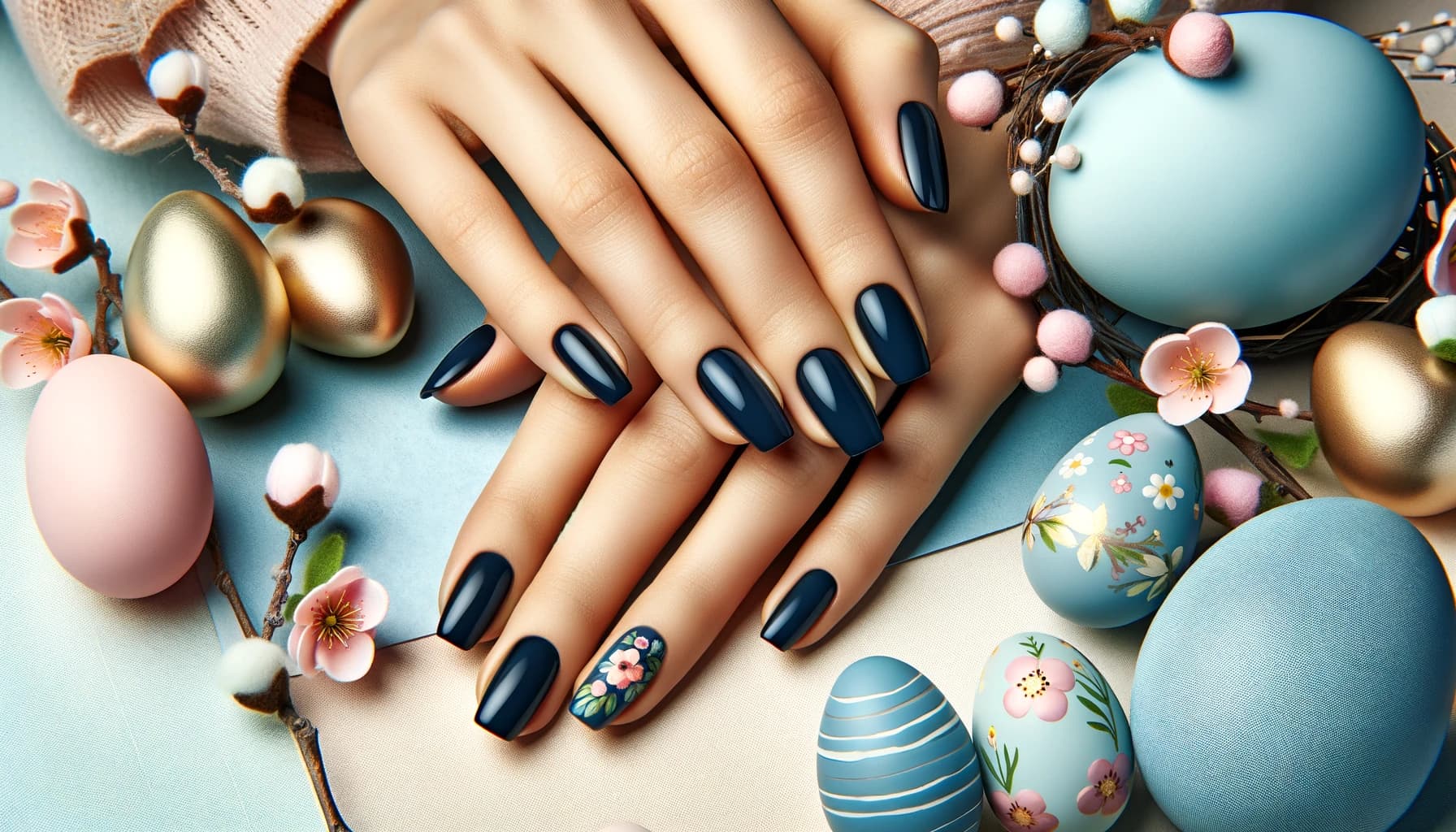 Granatowe paznokcie na święta wielkanocne, dodające elegancji i wyrafinowania światecznym celebracjom, na tle wiosennej sceny z kwiatami i pastelowymi barwami, idealne dla stylowej Wielkanocy