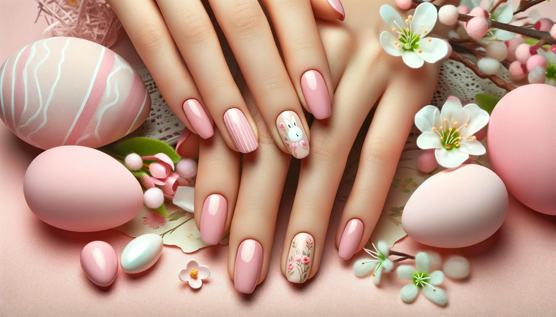 Delikatne różowe paznokcie na święta wielkanocne z subtelnie wplecionymi motywami wiosennymi, takimi jak male kwiaty i pastelowe jajka, na tle kwitnących kwiatów i pastelowych barw, idealne dla świątecznego i wiosennego nastroju