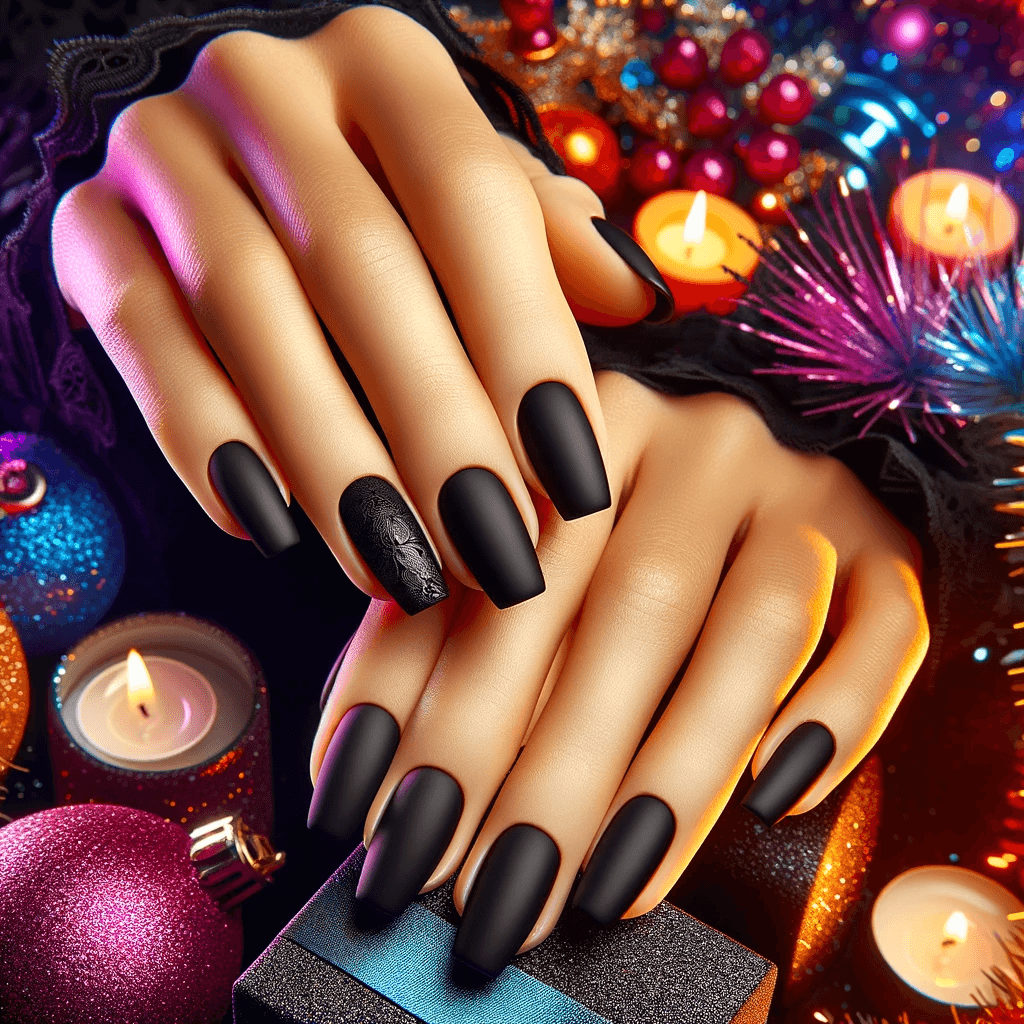 Czarne paznokcie w wyrafinowanym matowym wykończeniu, idealne na świąteczną celebrację Sylwestra. Tło jest żywe i tematyczne dla Sylwestra, z elementami takimi jak kolorowe fajerwerki, pełna życia atmosfera imprezy i błyszczące światła miasta